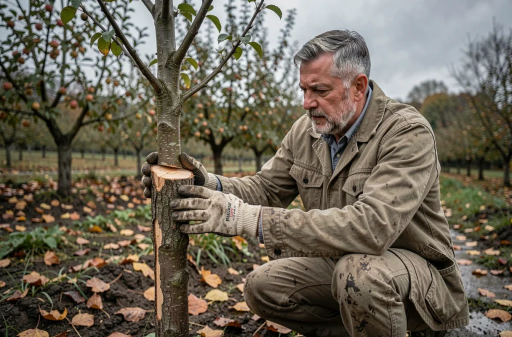 Élagueur expérimenté à genoux examinant une coupe nette sur un jeune arbre fruitier dans un verger en automne, avec des feuilles mortes au sol