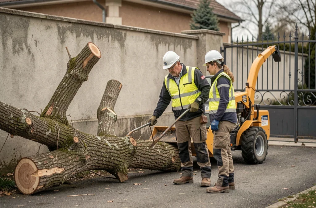 Deux élagueurs inspectant un arbre tombé bloquant une allée privée à Limoges avec une déchiqueteuse professionnelle