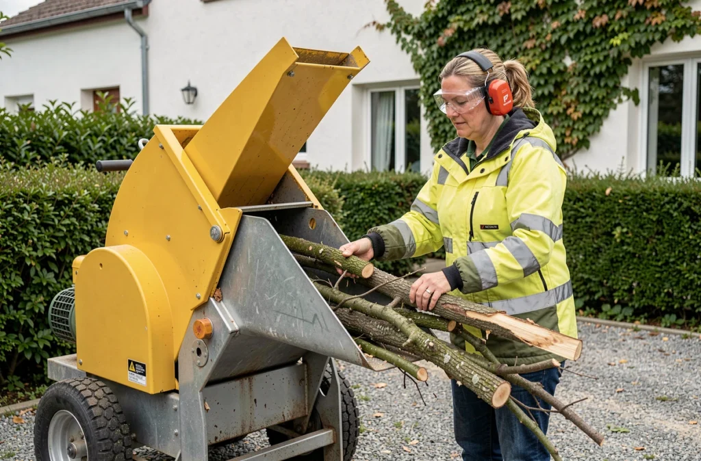Élagueuse professionnelle utilisant un broyeur de branches sur une allée de maison pavillonnaire