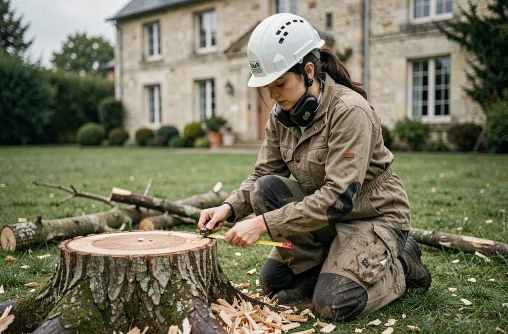 Élagueuse professionnelle mesurant une souche d'arbre coupée dans un jardin de maison de campagne limousine