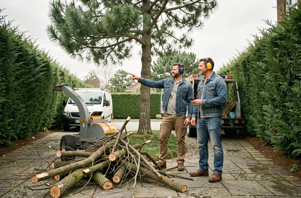 Deux élagueurs discutant à côté d'un broyeur de branches dans l'allée d'un jardin privé, avec un camion utilitaire et des équipements professionnels