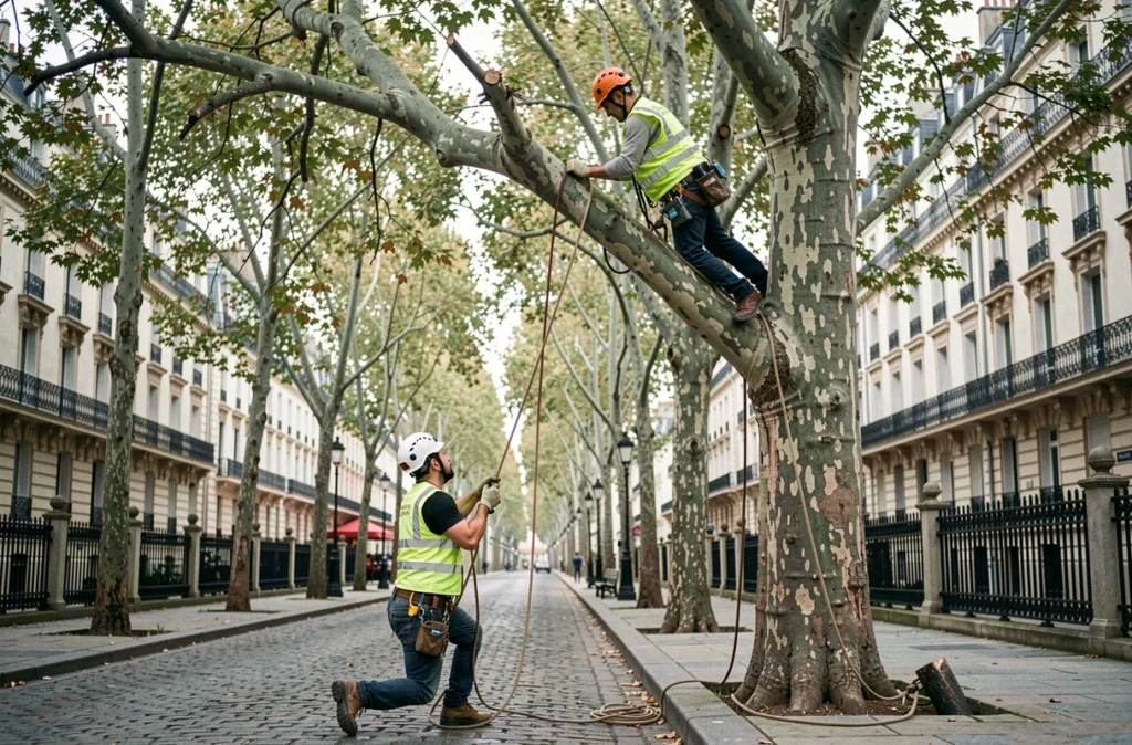 Équipe d'élagueurs travaillant en hauteur sur un platane en bordure d'avenue avec système de cordage professionnel