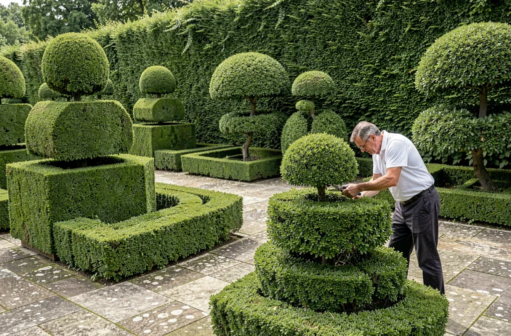 Jardinier taillant des topiaires géométriques sur terrasse en pierre chez Espace Topiaires dans le Grand Est