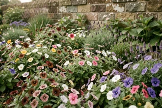 Massif de jardin fleuri avec une variété de petites fleurs en -ette dont violettes et brunettes sur fond de mur en pierre