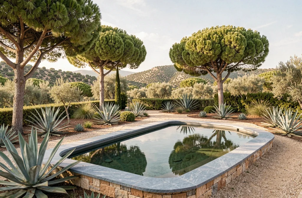 Grand jardin méditerranéen avec piscine en pierre et pins d'Alep réalisé par Grandeur Nature Jardins et Paysages Méditerranéens dans les Bouches-du-Rhône