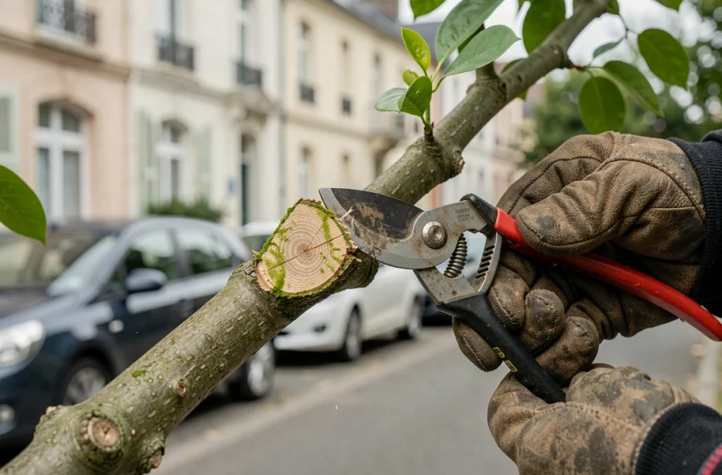 Gros plan sur des mains gantées d'un élagueur réalisant une coupe nette sur une branche à Champigny-sur-Marne