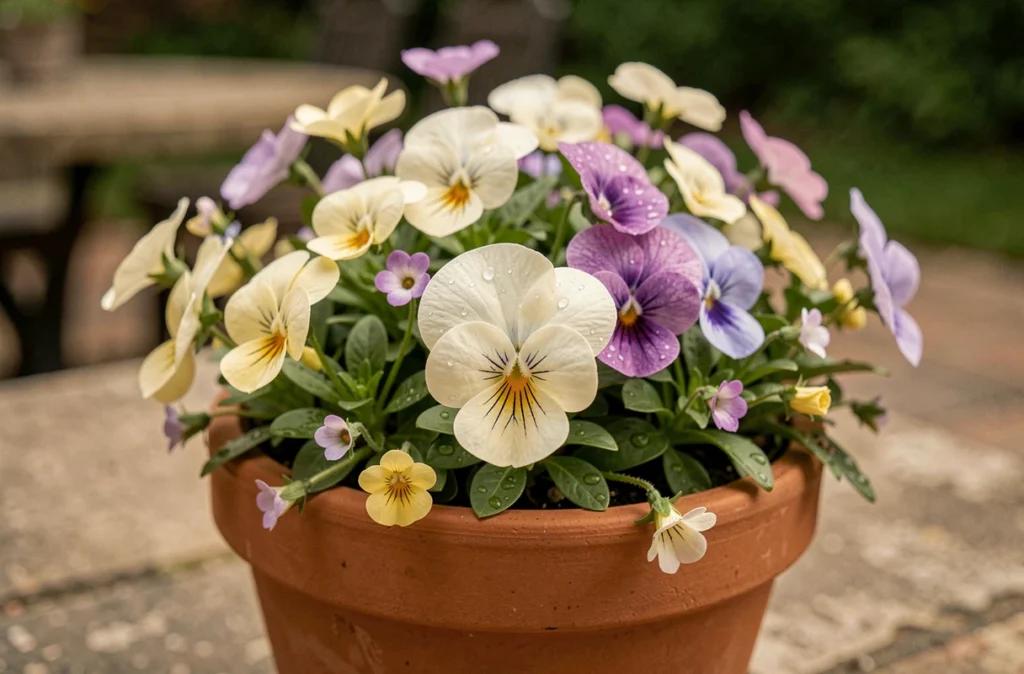 Gros plan sur un pot en terre cuite rempli de petites fleurs en -ette avec détails de pétales et gouttes de rosée