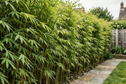 Haie de bambous non traçants dense et verte le long d'un mur de jardin avec allée en pierre