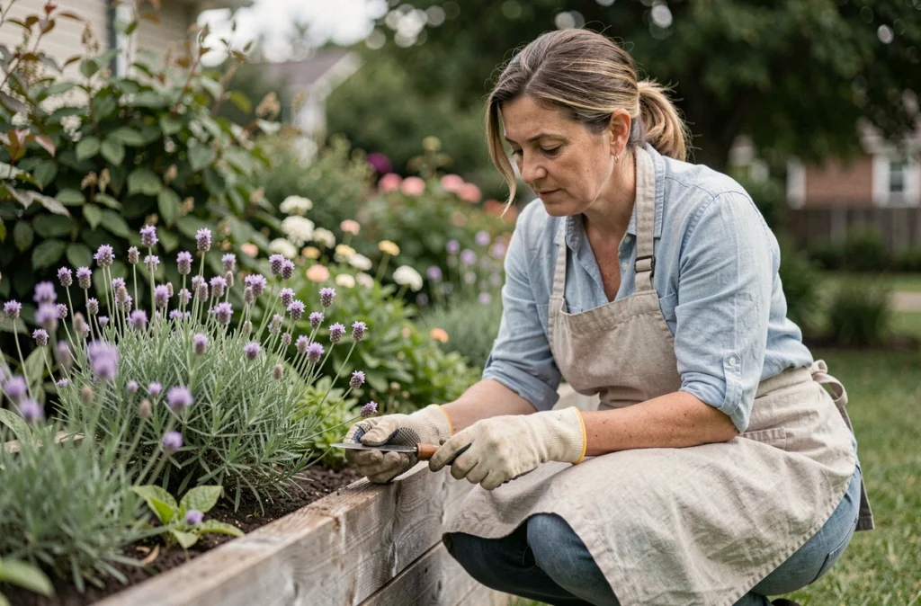 Femme jardinière en tablier de lin qui sélectionne des fleurettes dans un massif de jardin surélevé