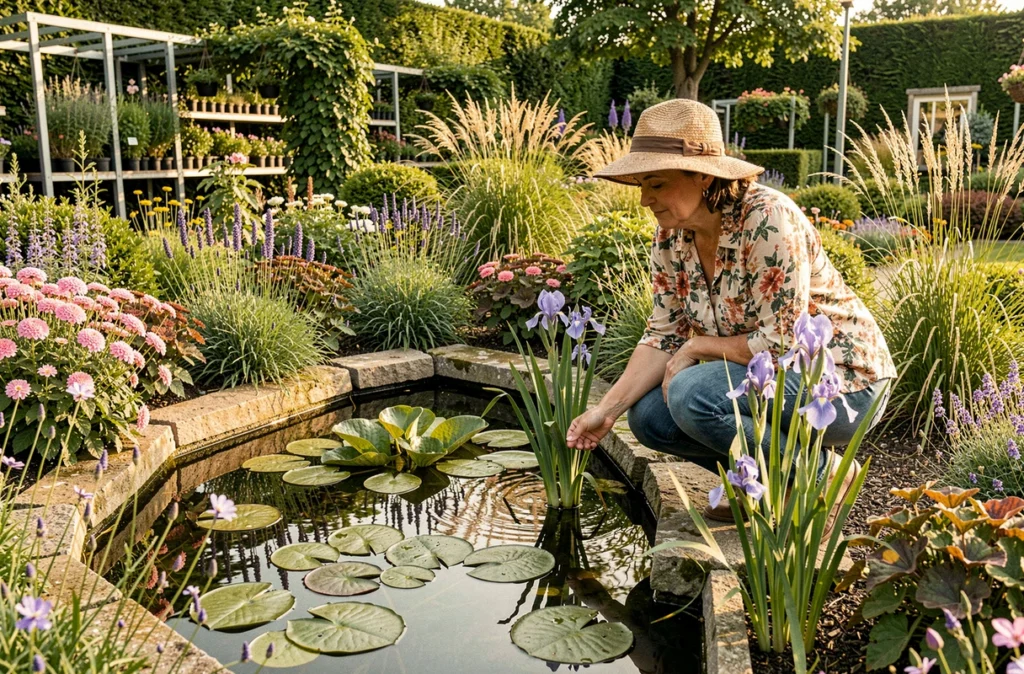 Jardinière admirant un iris des marais au bord d'un bassin ornemental dans le parc-pépinière Les Jardins de Burnhaupt en Alsace