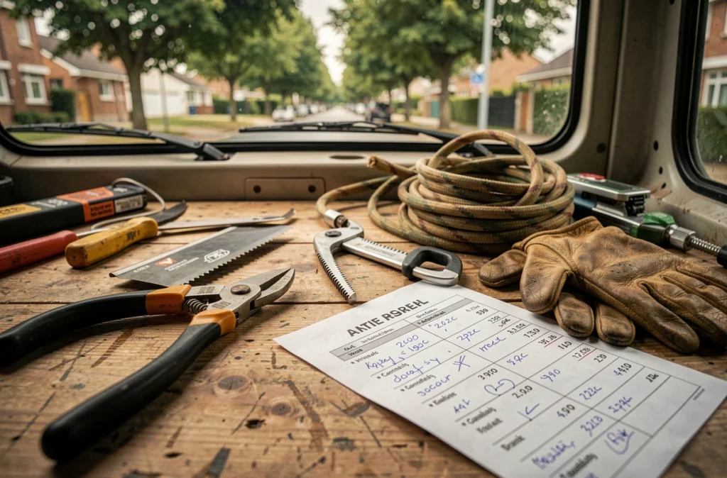 Outils d'élagage professionnels et fiche de comparaison de prix dans un utilitaire d'élagueur dans le 93