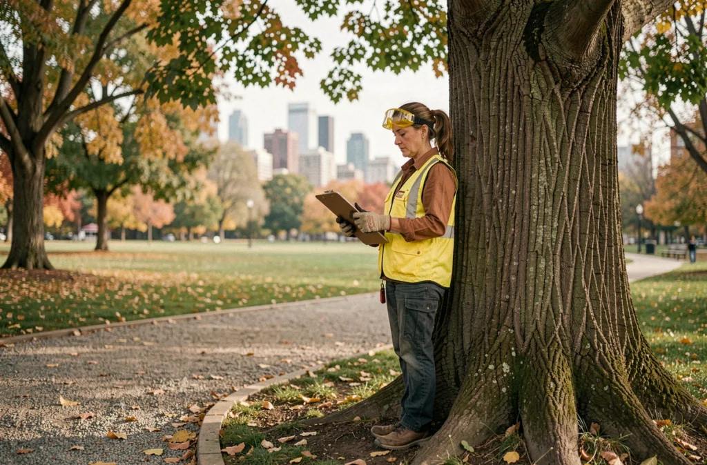 Paysagiste femme inspectant un arbre dans un parc urbain avec un presse-papiers, équipée de lunettes de protection et gilet haute visibilité