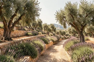 Vue panoramique d'un jardin paysager méditerranéen dans les Bouches-du-Rhône avec lavandes, oliviers et murets en pierre
