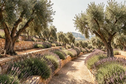 Vue panoramique d'un jardin paysager méditerranéen dans les Bouches-du-Rhône avec lavandes, oliviers et murets en pierre