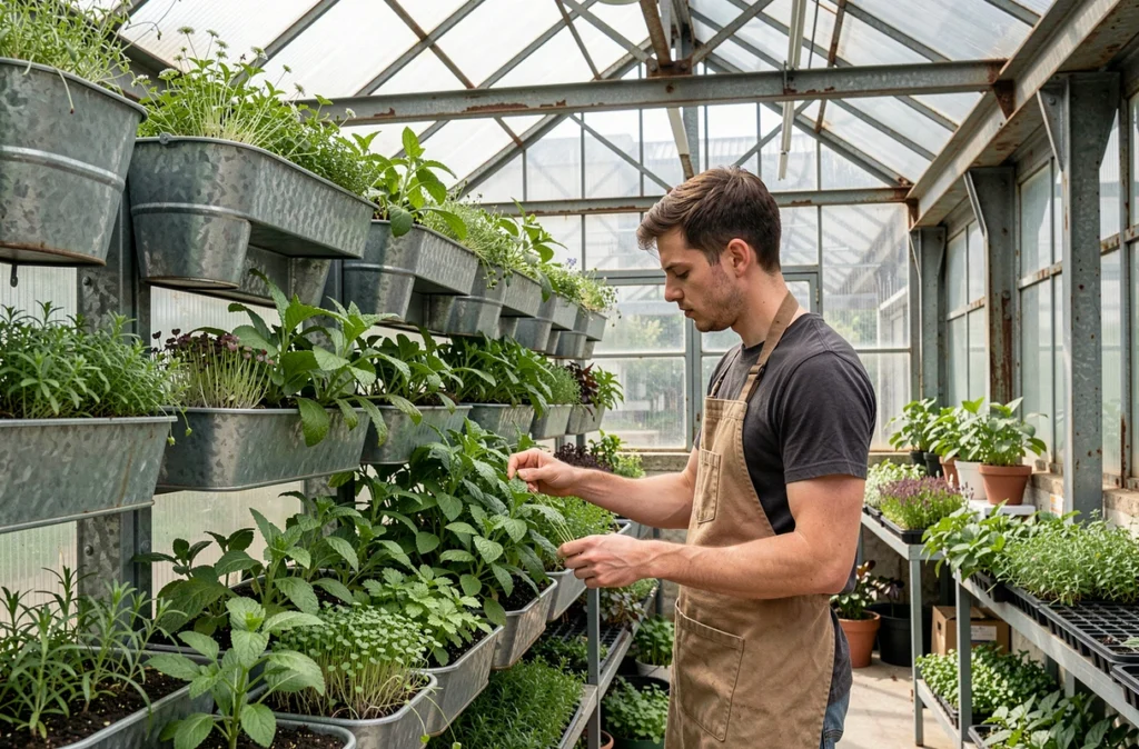 Jeune horticulteur de la Pépinière ZFarm soignant un mur végétal d'herbes aromatiques dans une serre industrielle reconvertie