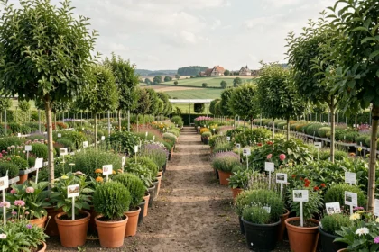 Vue panoramique d'une pépinière du Grand Est avec rangées de plantes en pot et paysage alsacien en arrière-plan