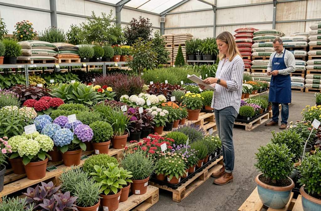 Espace de vente extérieur des Pépinières Rougieux avec assortiment de plantes vivaces et arbustes en pot