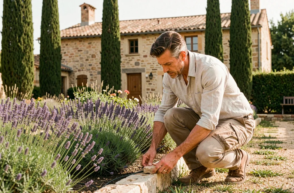 Paysagiste professionnel travaillant sur une bordure de lavande dans un jardin provençal typique des Bouches-du-Rhône pour Pinson Paysage Provence