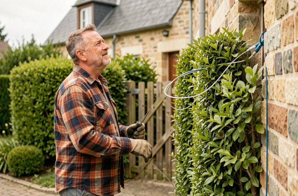 Propriétaire inspectant un câble fibre optique longeant une haie dans son jardin en Mayenne