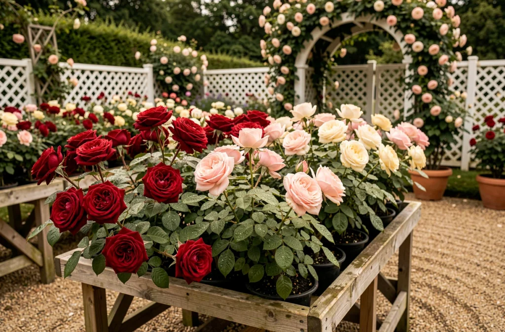 Rosiers en fleurs exposés chez Roseraies Barth avec variétés de roses greffées sur tables en bois et tonnelle fleurie