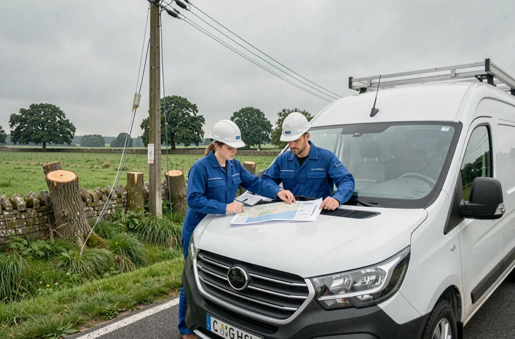Techniciens télécom examinant une carte sur le terrain en Mayenne pour la gestion de l'élagage lié à la fibre optique