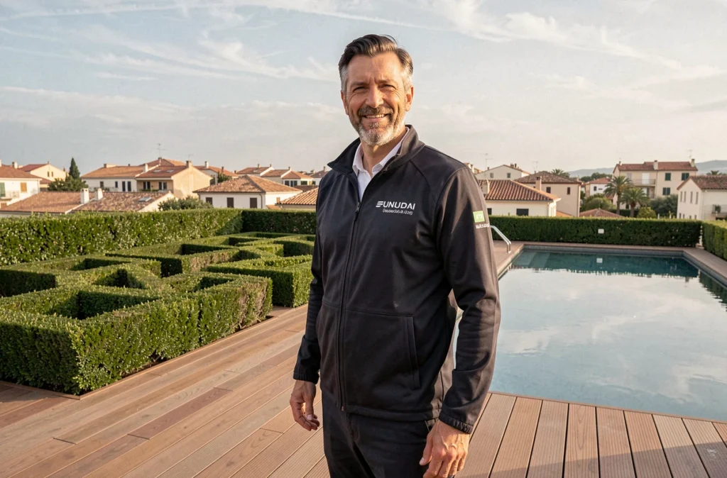 Directeur de Top Paysages présentant un jardin haut de gamme avec terrasse en bois et piscine à débordement dans les Bouches-du-Rhône