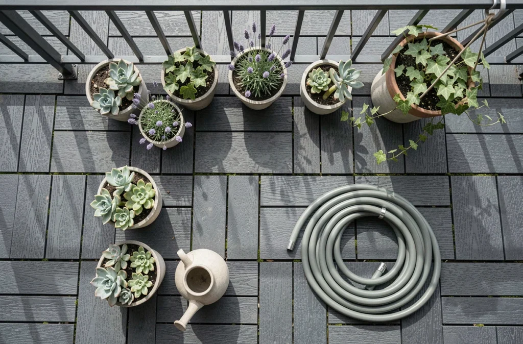 Vue aérienne d'un balcon étroit avec des plantes succulentes, lavande et lierre en pots sur un plancher en bois composite gris