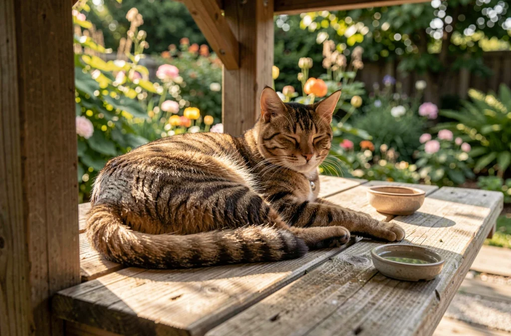 Chat allongé sur une plateforme en bois à l'ombre dans le jardin