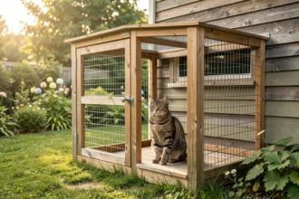 Chat tigré assis dans un catio en bois et grillage au jardin