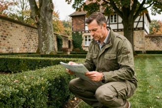 Paysagiste professionnel dans le Bas-Rhin inspectant un jardin formel avec haies taillées et maison alsacienne en arrière-plan