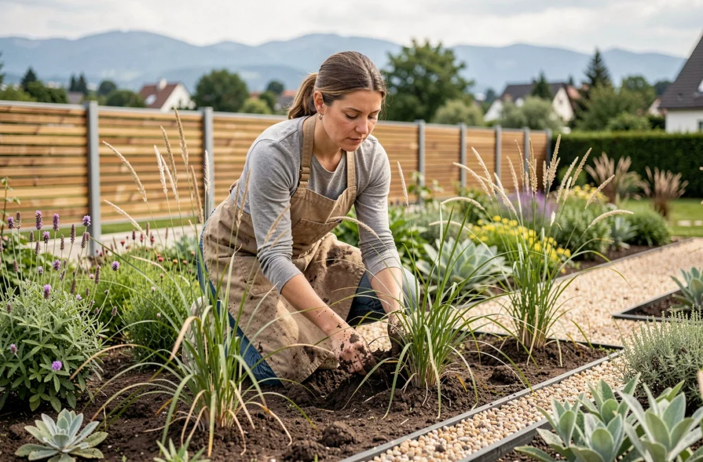 Paysagiste femme travaillant dans un jardin contemporain en Alsace près de Strasbourg, plantation de graminées ornementales