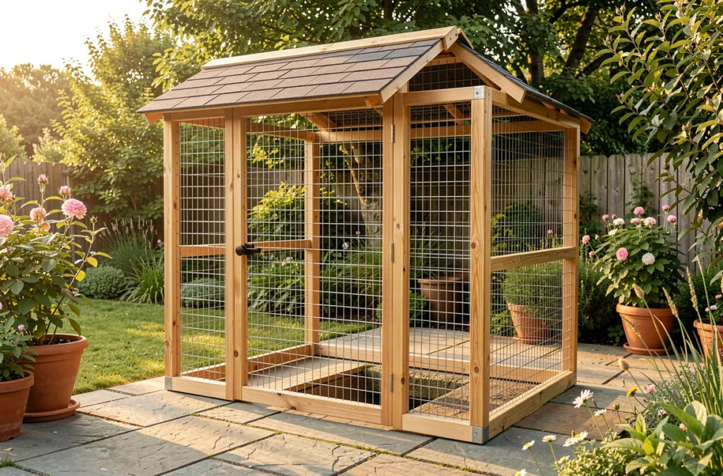 Structure de catio en bois et grillage montée sur une terrasse